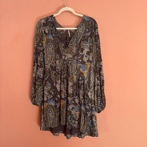 Free People, Boho lace-up neck, olive green, patterned tunic/mini dress